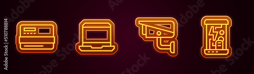 Set line Credit card, Laptop, Security camera and Cryogenic capsules. Glowing neon icon. Vector