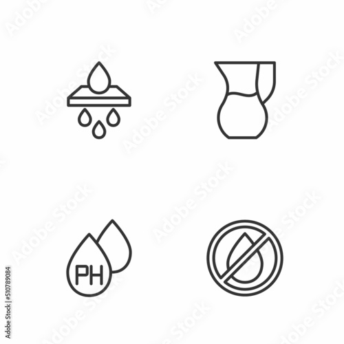 Set line Water drop forbidden, filter cartridge and Jug glass with water icon. Vector