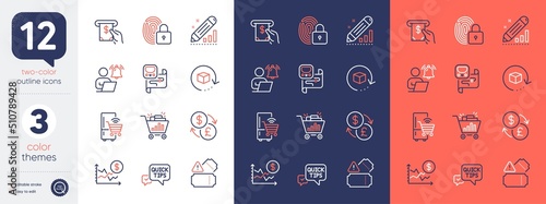 Set of Dollar rate, Refrigerator and Quick tips line icons. Include Tickets, Seo shopping, Edit statistics icons. User notification, Atm service, Return package web elements. Lock. Vector