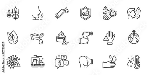 Outline set of Wash hand, Night cream and Organic product line icons for web application. Talk, information, delivery truck outline icon. Vector