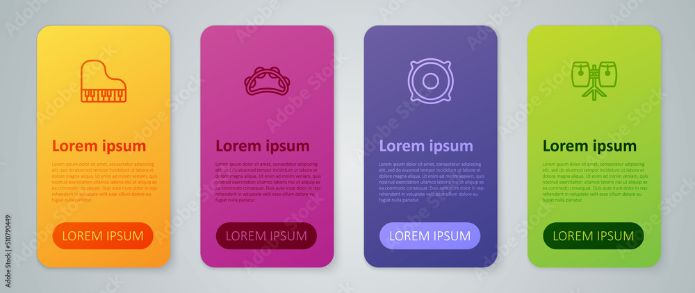 Set line Stereo speaker, Conga drums, Grand piano and Tambourine. Business infographic template. Vector Set line Stereo speaker, Conga drums, Grand piano and Tambourine. Business infographic template. Vector