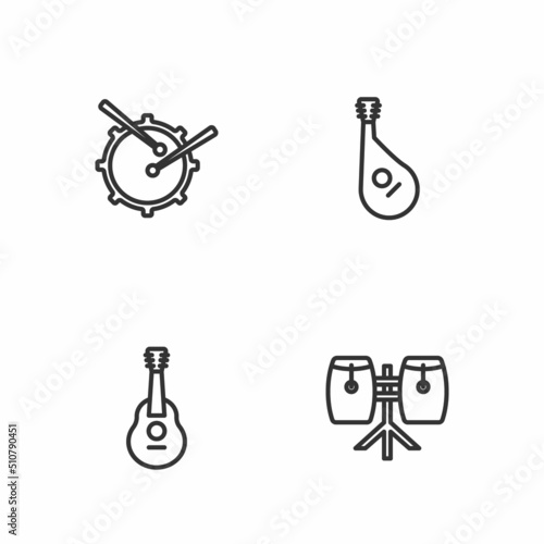 Set line Conga drums, Guitar, Drum with sticks and Bandura icon. Vector