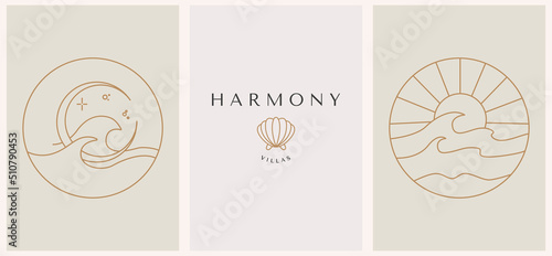 Abstract summer logo template with seashell sunset with waves. Modern minimal set of linear icons and emblems for social media, accommodation rental and travel services.