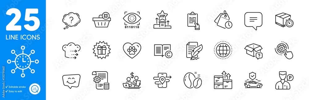Outline icons set. Feather signature, Food delivery and Pets care icons. Clipboard, Surprise gift, Globe web elements. World time, Vip podium, Artificial intelligence signs. Text message. Vector
