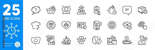 Outline icons set. Feather signature, Food delivery and Pets care icons. Clipboard, Surprise gift, Globe web elements. World time, Vip podium, Artificial intelligence signs. Text message. Vector