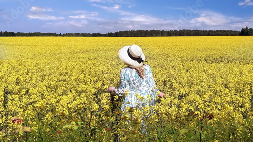 Woman on wild field blossom yellow flowers and bright sky with white clouds summer nature landscape, green field in countryside sun light clouds summer nature background