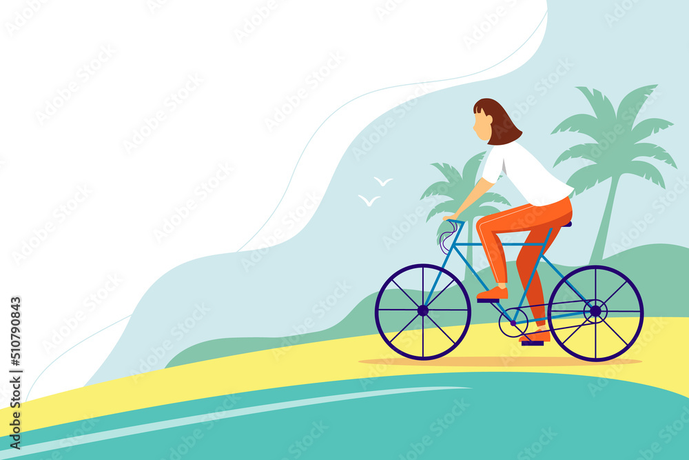 Young woman riding a bike on the beach. Summer illustration.