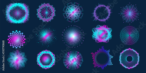 Isolated radial curve of a sound wave with light particles. A set of sound luminous circular waves. The frequency form of the audio signal, a musical wave, a circular band, voice graph signal. Vector