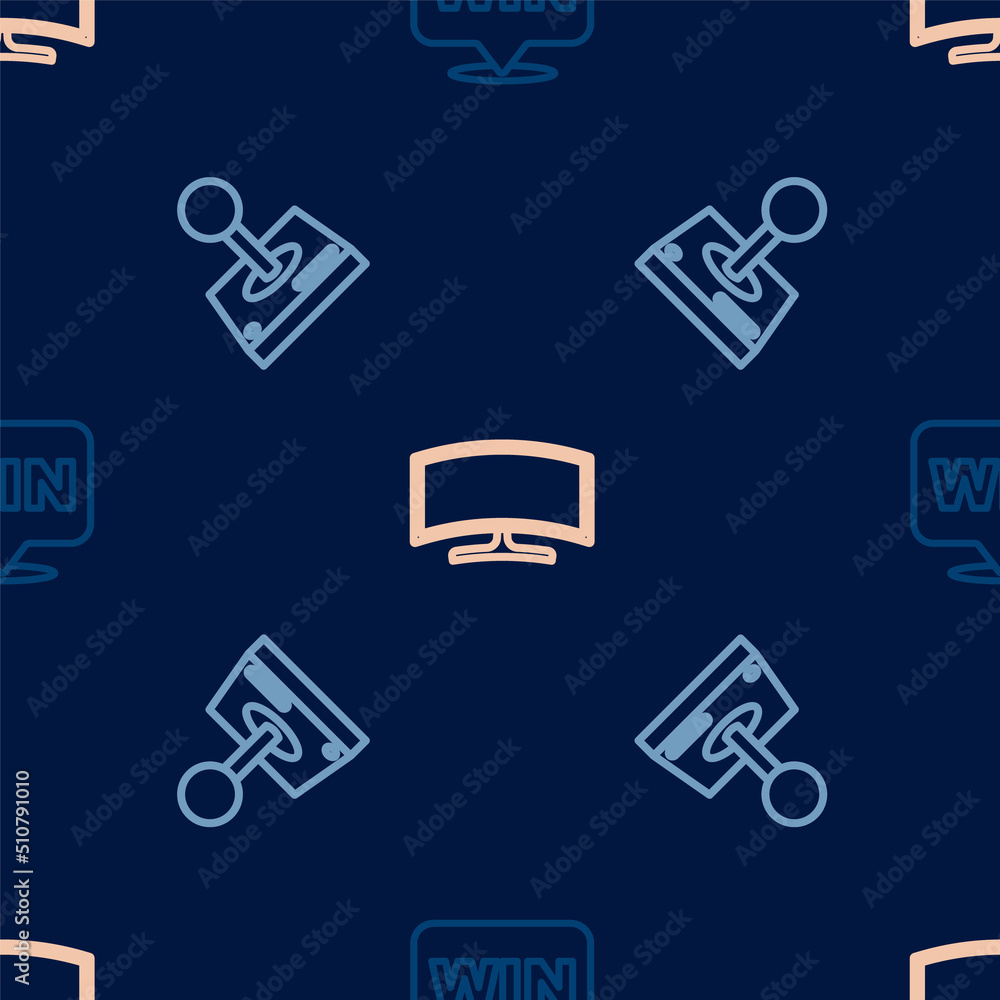 Set line Medal, Joystick for arcade machine and Computer monitor on seamless pattern. Vector Set line Medal, Joystick for arcade machine and Computer monitor on seamless pattern. Vector