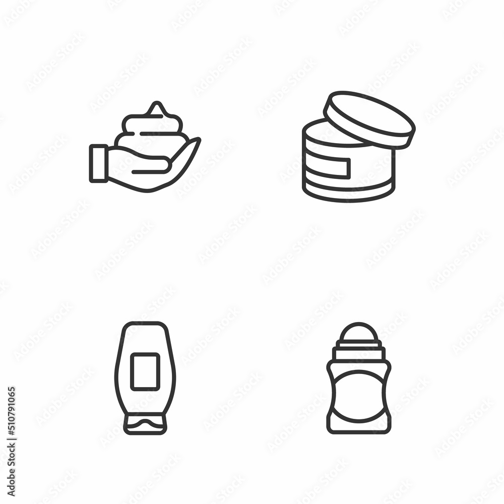 Set line Deodorant roll, Bottle of shampoo, Shaving foam on hand and Cream lotion cosmetic tube icon. Vector Set line Deodorant roll, Bottle of shampoo, Shaving foam on hand and Cream lotion cosmetic tube icon. Vector