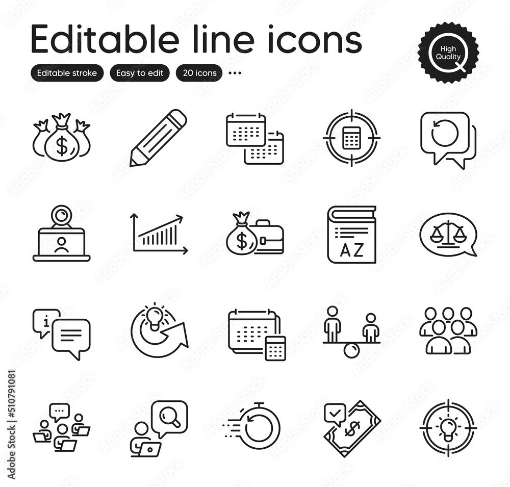 Set of Education outline icons. Contains icons as Check investment, Video conference and Calendar elements. Group, Justice scales, Accepted payment web signs. Inspect, Equity, Pencil elements. Vector Set of Education outline icons. Contains icons as Check investment, Video conference and Calendar elements. Group, Justice scales, Accepted payment web signs. Inspect, Equity, Pencil elements. Vector