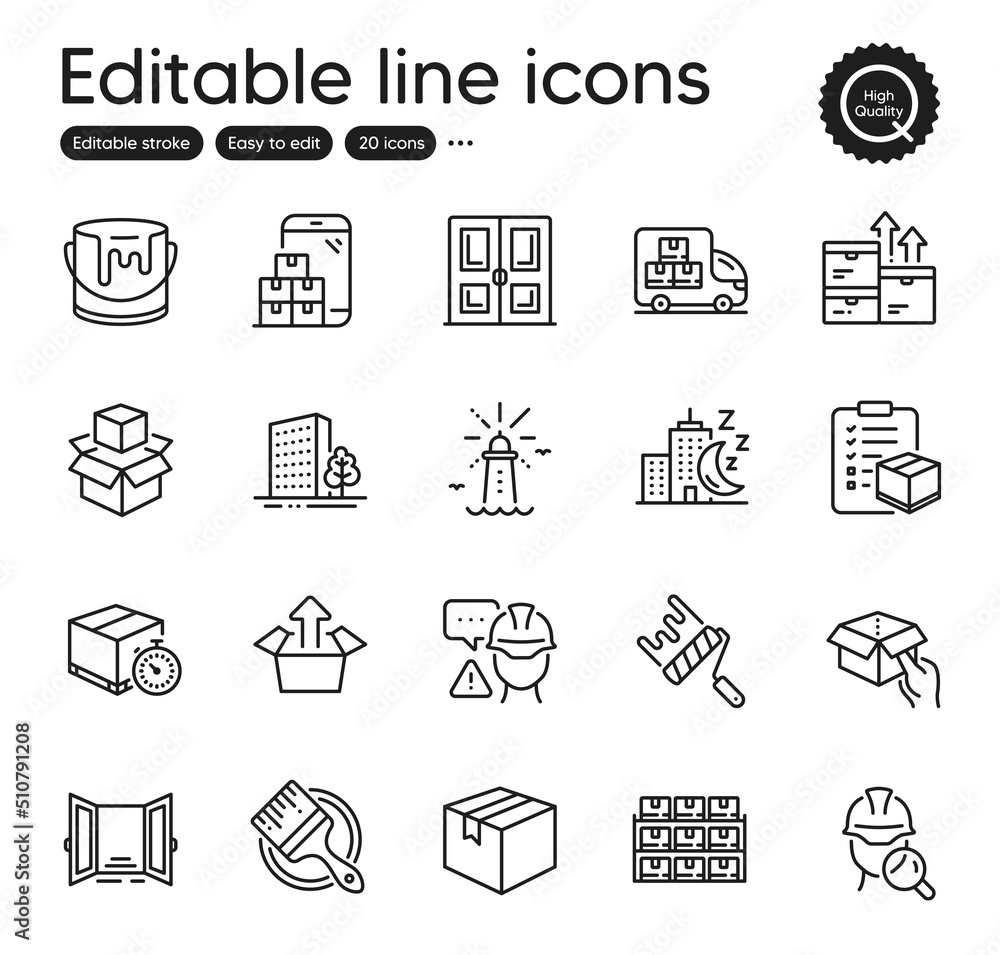 Set of Industrial outline icons. Contains icons as Night city, Open door and Door elements. Builder warning, Wholesale goods, Buildings web signs. Brush, Send box, Packing boxes elements. Vector Set of Industrial outline icons. Contains icons as Night city, Open door and Door elements. Builder warning, Wholesale goods, Buildings web signs. Brush, Send box, Packing boxes elements. Vector