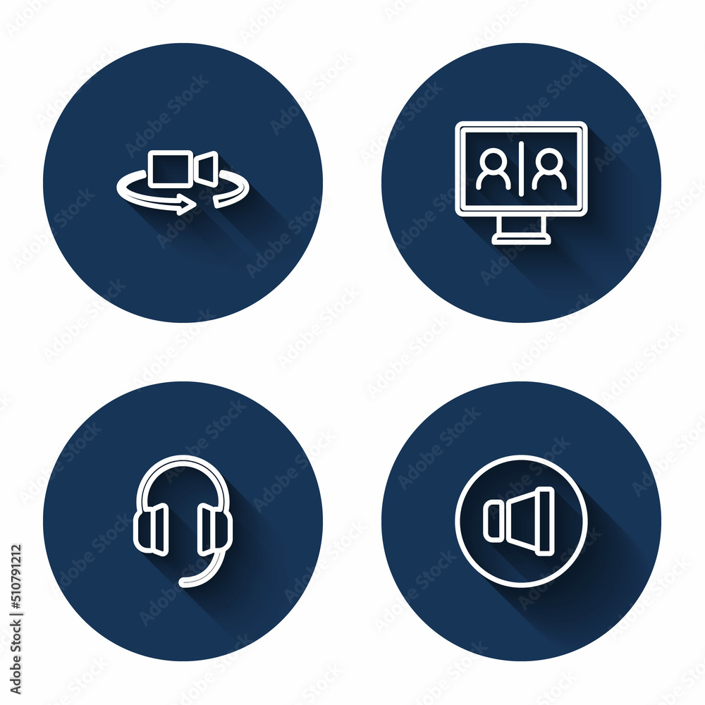 Set line 360 degree view, Video chat conference, Headphones and Speaker volume with long shadow. Blue circle button. Vector Set line 360 degree view, Video chat conference, Headphones and Speaker volume with long shadow. Blue circle button. Vector