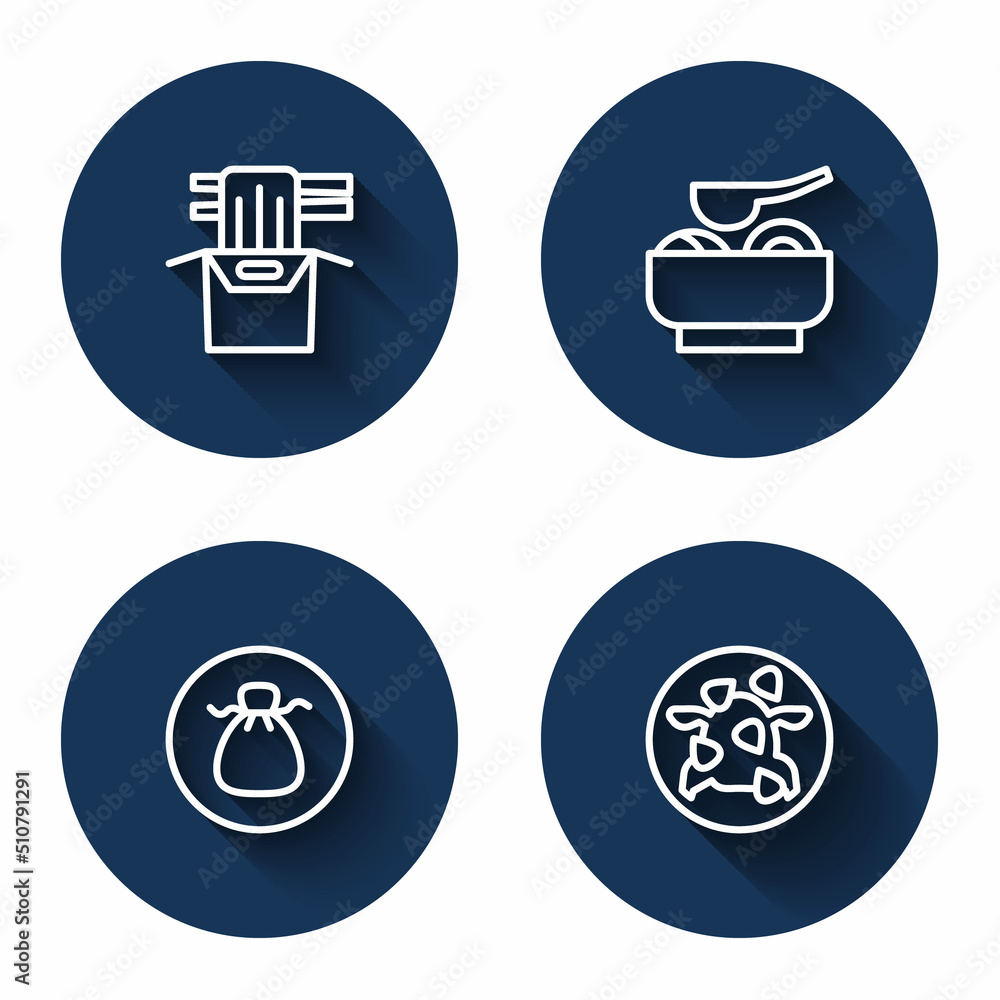 Set line Asian noodles in paper box, Ramen soup bowl, Wonton and Kung Pao chicken with long shadow. Blue circle button. Vector Set line Asian noodles in paper box, Ramen soup bowl, Wonton and Kung Pao chicken with long shadow. Blue circle button. Vector