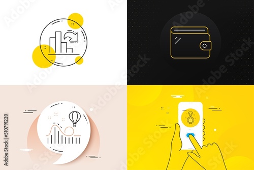 Minimal set of Roller coaster, Decreasing graph and Winner reward line icons. Phone screen, Quote banners. Wallet icons. For web development. Attraction park, Column chart, Best award. Vector
