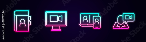 Set line Phone book, Video chat conference, and . Glowing neon icon. Vector