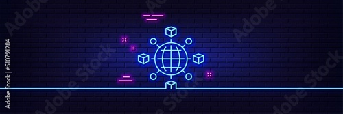 Neon light glow effect. Logistics network line icon. Parcel tracking sign. Goods distribution symbol. 3d line neon glow icon. Brick wall banner. Logistics network outline. Vector