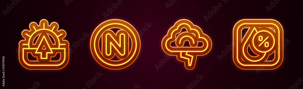 Set line Sunrise, Compass north, Cloud and lightning and Water drop percentage. Glowing neon icon. Vector Set line Sunrise, Compass north, Cloud and lightning and Water drop percentage. Glowing neon icon. Vector