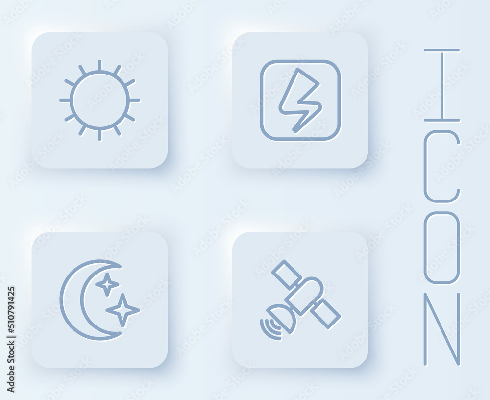 Set line Sun, Lightning bolt, Moon and stars and Satellite. White square button. Vector Set line Sun, Lightning bolt, Moon and stars and Satellite. White square button. Vector