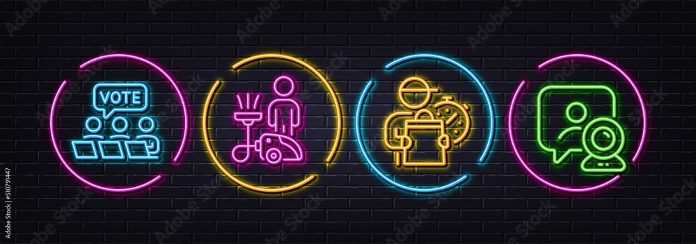 Cleaning, Online voting and Delivery man minimal line icons. Neon laser 3d lights. Video conference icons. For web, application, printing. Clean service, Internet poll, Express courier. Vector