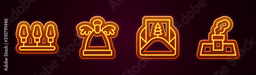 Set line Christmas lights, Angel, Envelope and chimney. Glowing neon icon. Vector