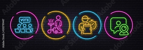 Cleaning, Online voting and Delivery man minimal line icons. Neon laser 3d lights. Video conference icons. For web, application, printing. Clean service, Internet poll, Express courier. Vector