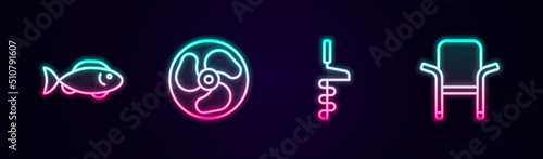 Set line Fish, Outboard boat motor, Hand ice drill and Camping folding chair. Glowing neon icon. Vector