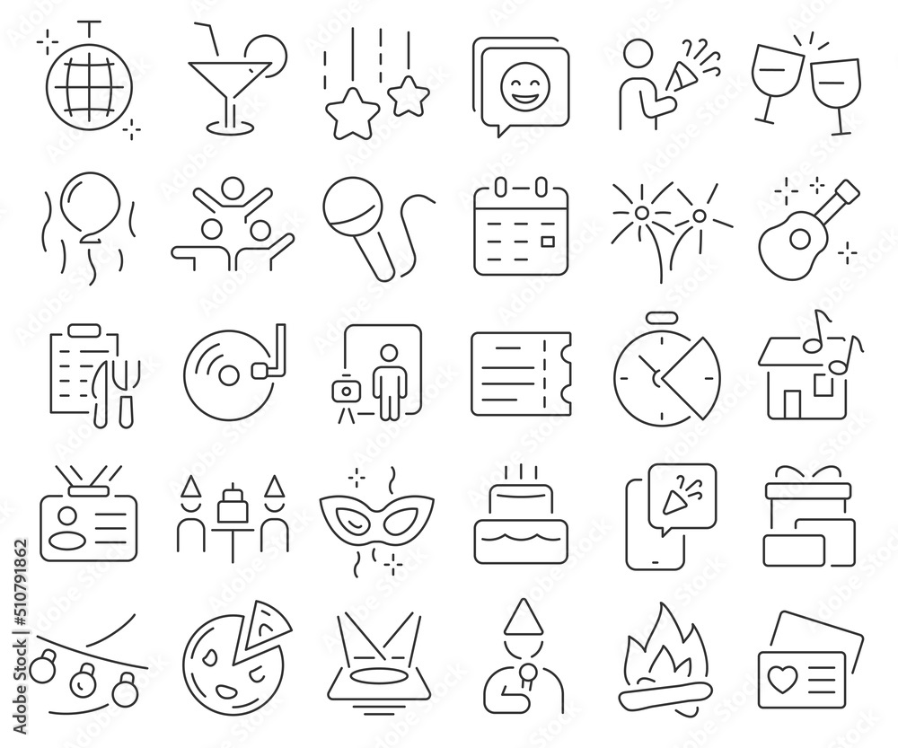 Celebration and party line icons collection. Thin outline icons pack. Vector illustration eps10 Celebration and party line icons collection. Thin outline icons pack. Vector illustration eps10