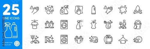 Outline icons set. Hold t-shirt, Shampoo and spray and Cleaning liquids icons. Dry t-shirt, Dont touch, Clean towel web elements. Dirty spot, Cleaning, Washing machine signs. Vector