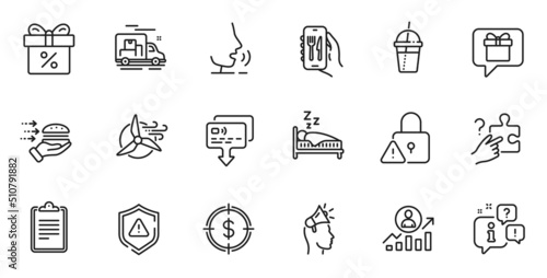 Outline set of Discount offer, Food delivery and Windmill turbine line icons for web application. Talk, information, delivery truck outline icon. Vector