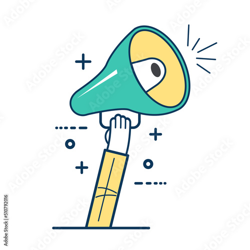 Hand is holding a megaphone loudspeaker. Business marketing, promotion and advertising.