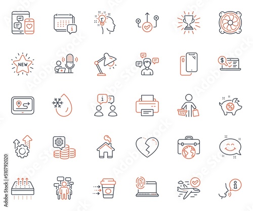 Business icons set. Included icon as Seo gear, Breathable mattress and Conversation messages web elements. Calendar, Social media, Online accounting icons. Home, Piggy sale, Buyer web signs. Vector