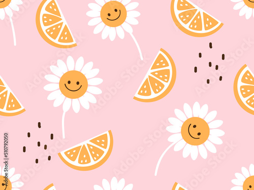 Seamless pattern with orange fruit and daisy cartoons on pink background vector illustration.