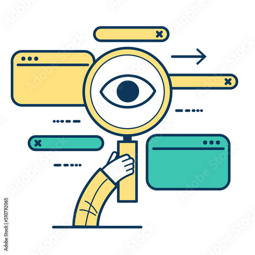 Internet search concept. Hand with a magnifying glass. Detecting and analyzing.