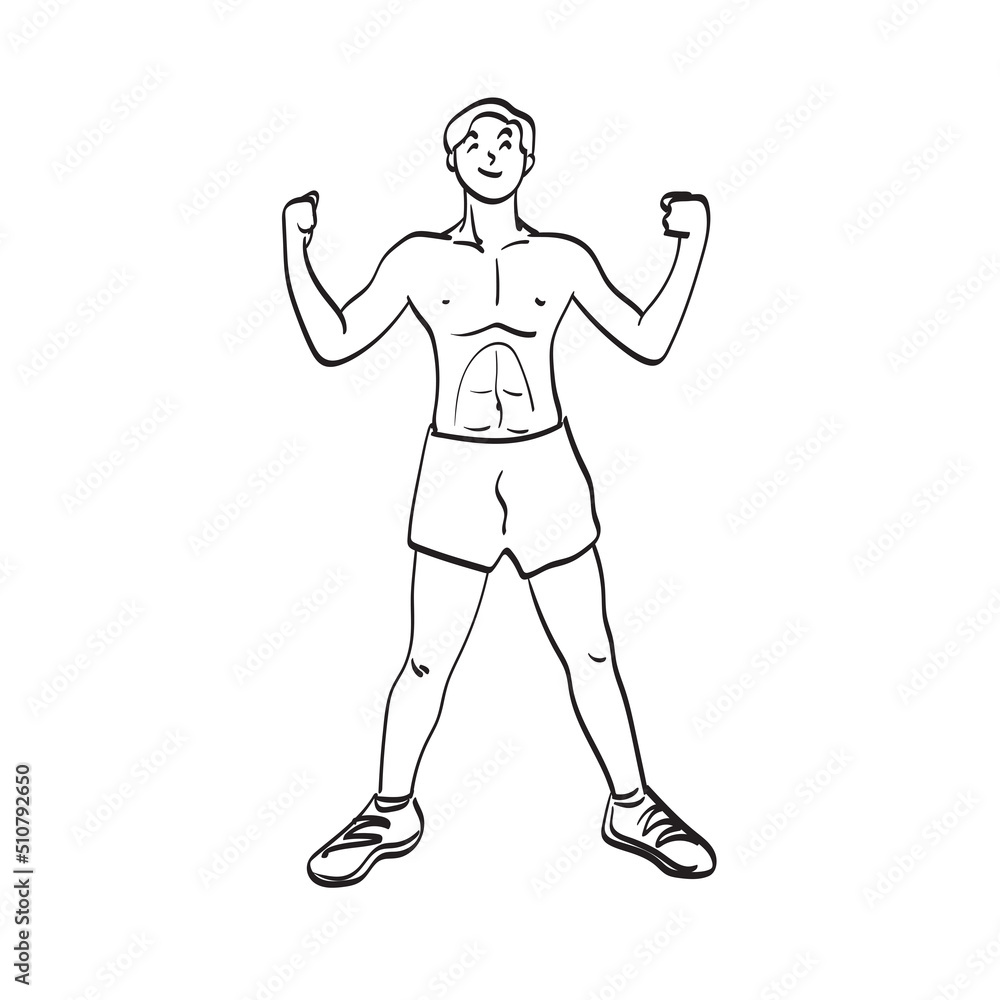 thin bodybuilder posing with his light muscles illustration vector hand drawn isolated on white background line art.