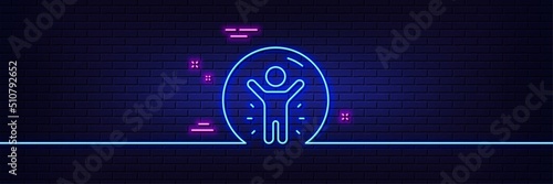 Neon light glow effect. Recovered person line icon. Coronavirus pandemic sign. Covid-19 quarantine symbol. 3d line neon glow icon. Brick wall banner. Recovered person outline. Vector