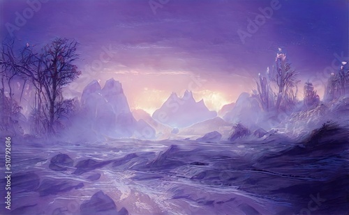 Fotografia Magische lila Fantasy Landschaft mit Gebirge