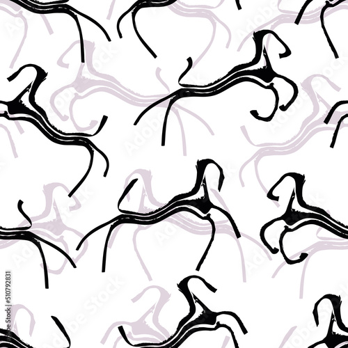 Prehistoric style horse cave art vector seamless pattern background. Primitive naive grunge brush stroke silhouette horses black white, pink. Repeat grunge equine animals. For museum, education.