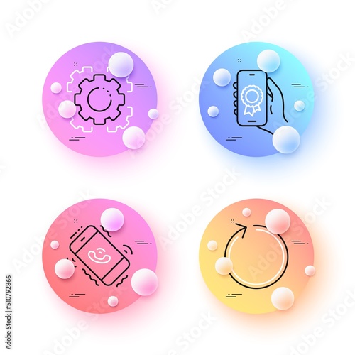 Award app, Seo gear and Call center minimal line icons. 3d spheres or balls buttons. Loop icons. For web, application, printing. Smartphone certification, Cogwheel, Phone support. Refresh. Vector