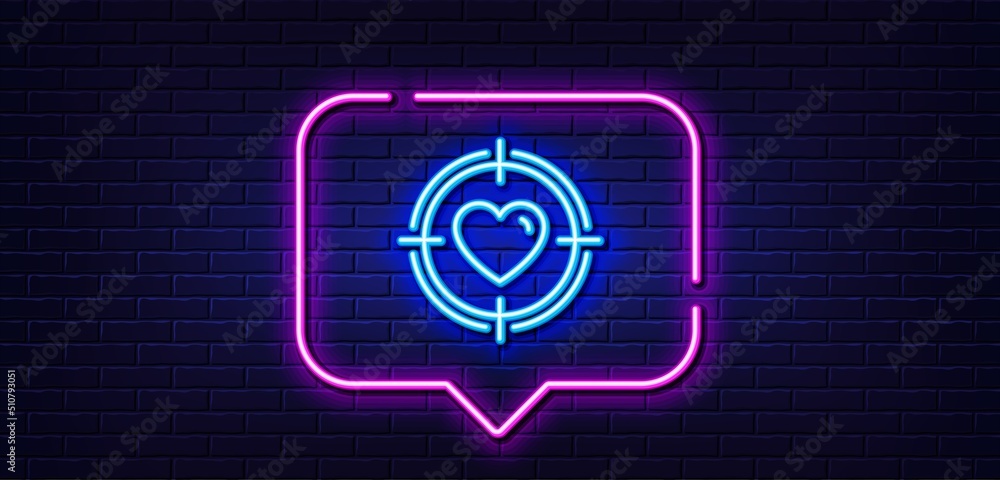 Neon light speech bubble. Heart in Target aim line icon. Love dating symbol. Valentines day sign. Neon light background. Valentine target glow line. Brick wall banner. Vector Neon light speech bubble. Heart in Target aim line icon. Love dating symbol. Valentines day sign. Neon light background. Valentine target glow line. Brick wall banner. Vector