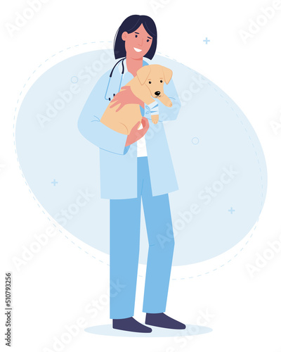 Smiling female vet holding a dog in her arms. The profession of a veterinarian. Pet care. Vector illustration