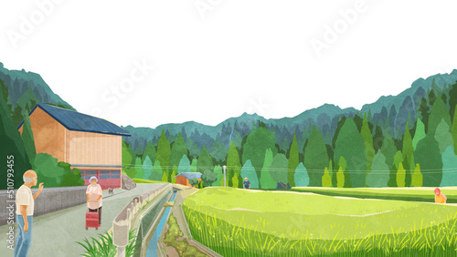 夏の水田のある風景手書き水彩風イラスト