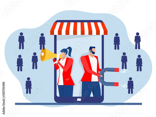 Business people  using megaphone with; holding magnet attract new customers icons. Flat social media inbound marketing; concept flat vector illustration