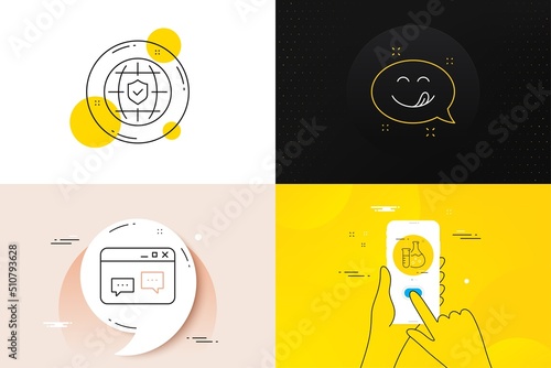 Minimal set of Browser window, Chemistry flask and Global insurance line icons. Phone screen, Quote banners. Yummy smile icons. For web development. Website chat, Laboratory, Full coverage. Vector