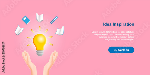 3D cartoon style, idea generating and development concept. Hand with light bulb and flying book