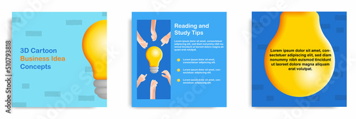 Social media tutorial, tips post banner layout template in 3D cartoon style. Business teamwork idea development concept