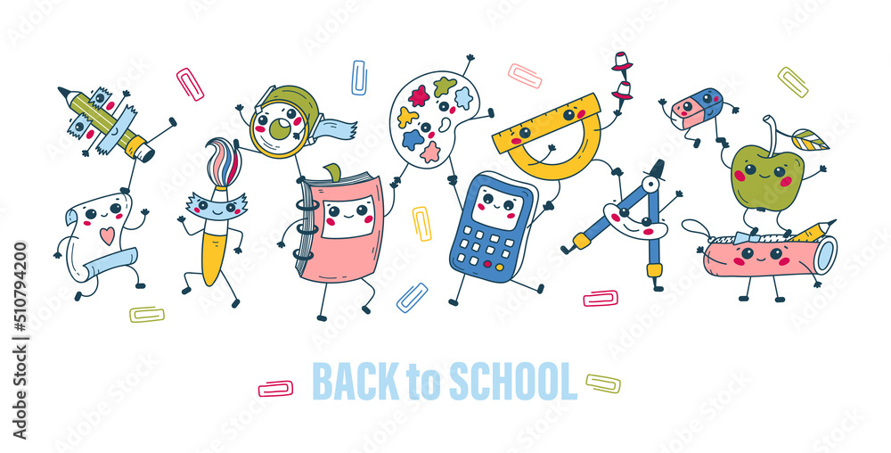Back to School Vector Banner for Kids Design. Cute School Supplies. Dancing Happy Education Characters. Kawaii Style. Back to School Vector Banner for Kids Design. Cute School Supplies. Dancing Happy Education Characters. Kawaii Style.