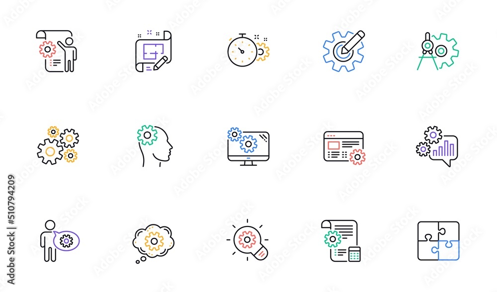 Engineering line icons. Puzzle, Dividers tool and Architect plan. Engineer linear icon set. Bicolor outline web elements. Vector Engineering line icons. Puzzle, Dividers tool and Architect plan. Engineer linear icon set. Bicolor outline web elements. Vector