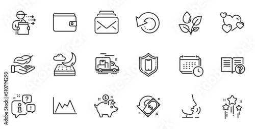 Outline set of Stars, Diagram and Saving money line icons for web application. Talk, information, delivery truck outline icon. Include Smartphone protection, Money wallet, Mail icons. Vector photo