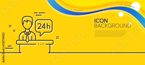 Reception desk line icon. Abstract yellow background. 24 hour help sign. Hotel service symbol. Minimal reception desk line icon. Wave banner concept. Vector